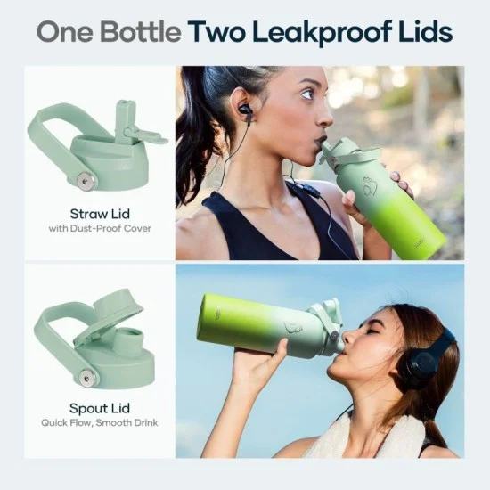 Buzio Duet Series Water Bottle with 2 Lids and Sleeve 1.2L - Gradient Green